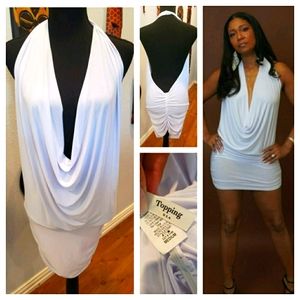 Womens White Mini, Halter, Ruched, Drop-Neck Dress